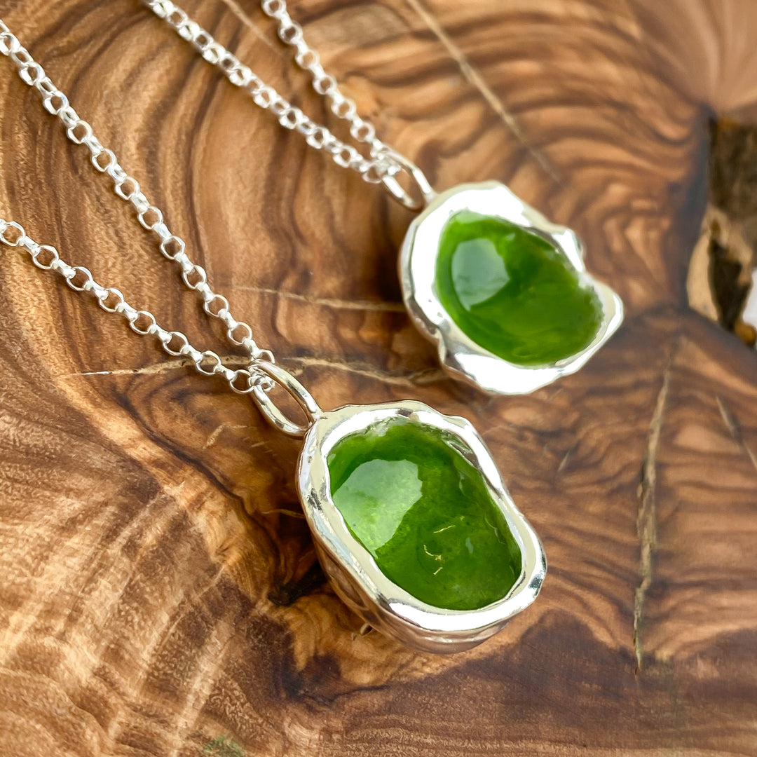 Sterling Silver 'Hidden Glen' Green Enamel Droplet Necklace
